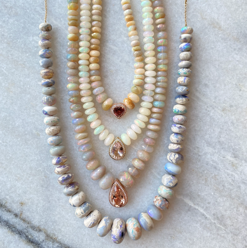 GRADUATED FACETED OPAL BEADED NECKLACE WITH PAVE MORGANITE TEARDROP