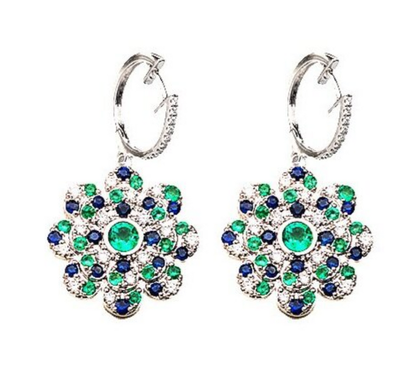 DIAMOND EMERALD AND SAPPHIRE DANGLE EARRINGS