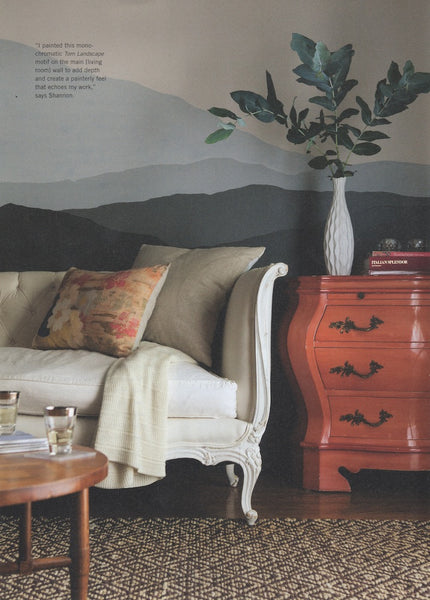 Anthology magazine featured Shannon Kaye's home in the In Living Color issue where she painted 'torn landscapes on the walls, filled the rooms with eclectic vintage furnishings and her Plein Heir pillow designs and revamped furnishings.