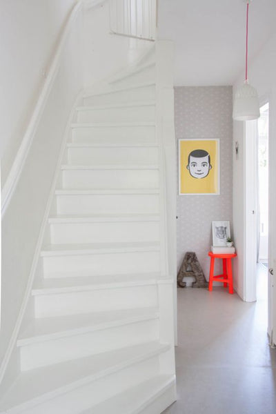 white stairs, white hall, white hallway, smiley face, white staircase, white interior, modern clean, dutch home, dutch style, dutch interior