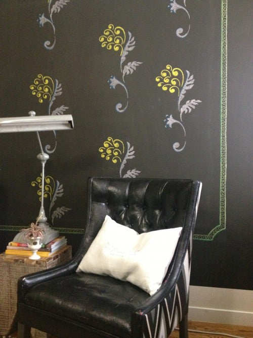 black wall, black wallpaper, black wall paper, painted chairs, chairs painted black, painted upholstery, fortune cookie, good fortune, chalk art, floral chalk, chalk flower, yellow flower, yellow floral pattern, large flower pattern