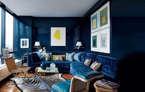 todd romano, todd alexander, thomas loof, architectural digest, joseph albers, albers print, albers art, albers yellow, albers blue, blue sectional, royal blue room, blue living room, velvet sectional