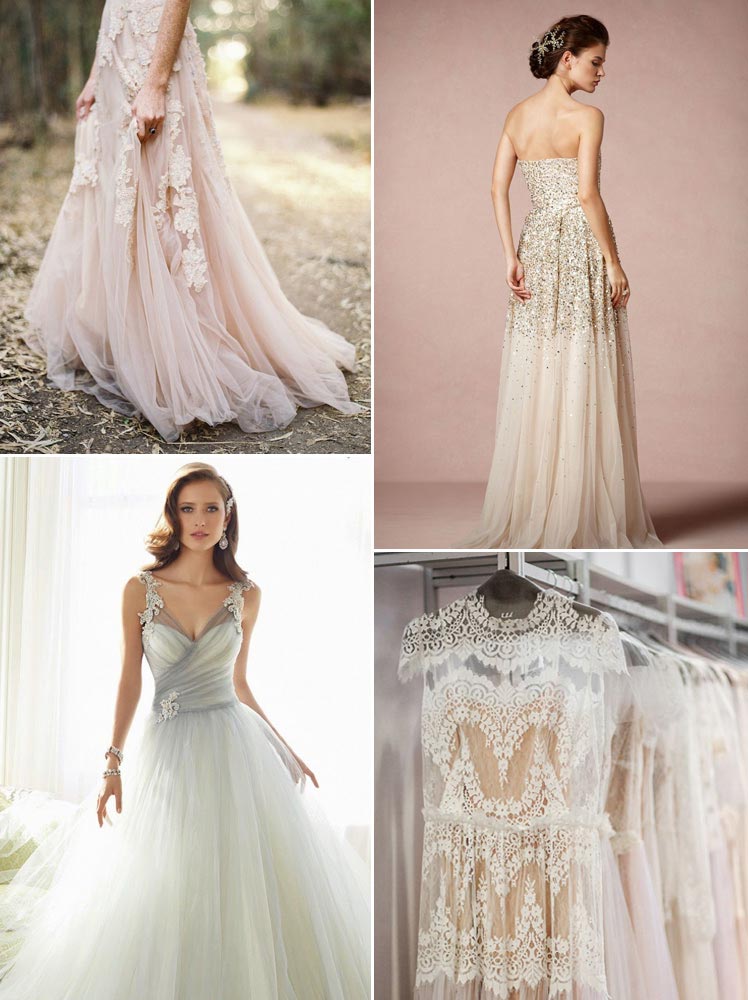 Pink, neutral and grey coloured wedding dresses