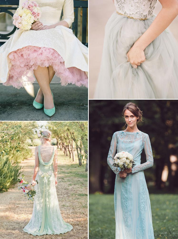 Mint, pale blue and rose bridal gown ideas
