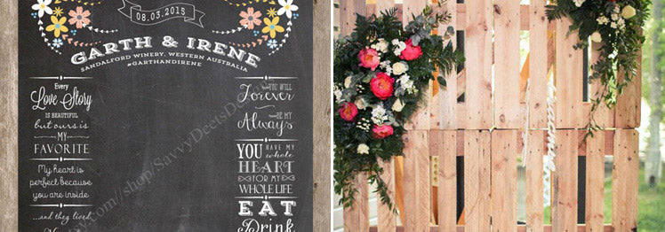 Wedding photo booth with chalkboard and rustic crate