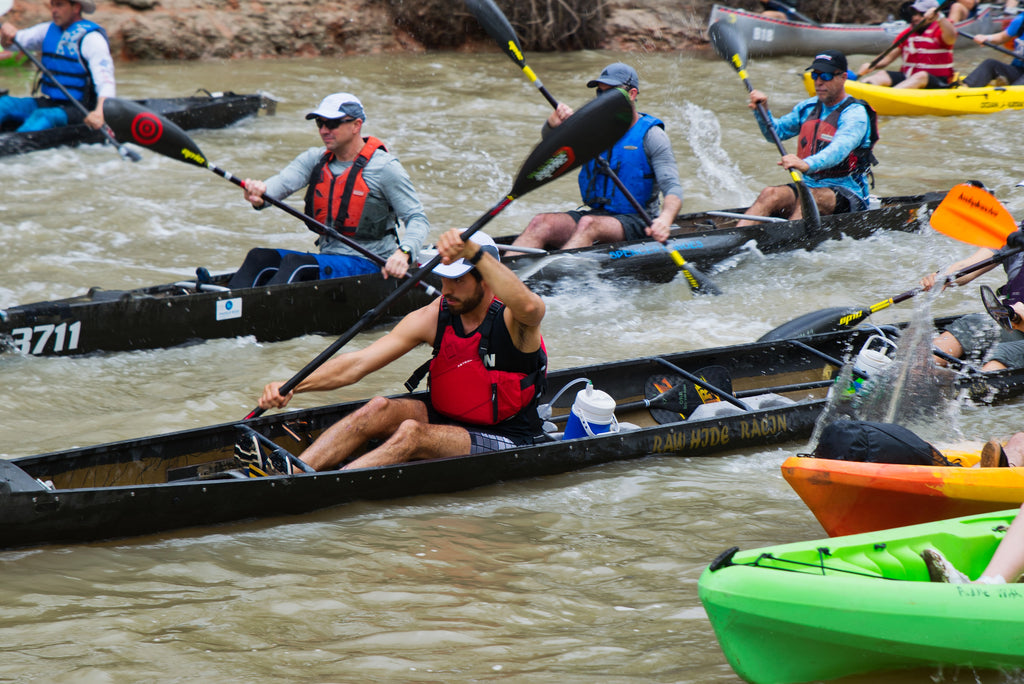 Kayakers racing in river race in Texas 