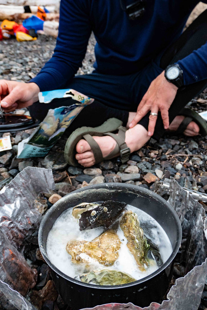 oysters in pot on the boil while camping