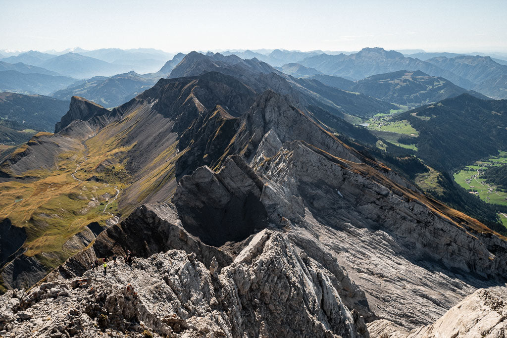 View of the Aravis mountain range with Mont Blanc in the distance