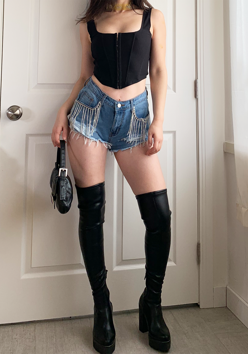jean shorts with thigh high boots