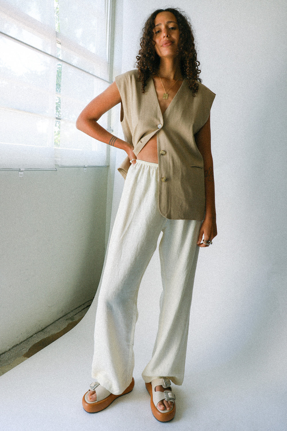 Cream Linen Simple Pant