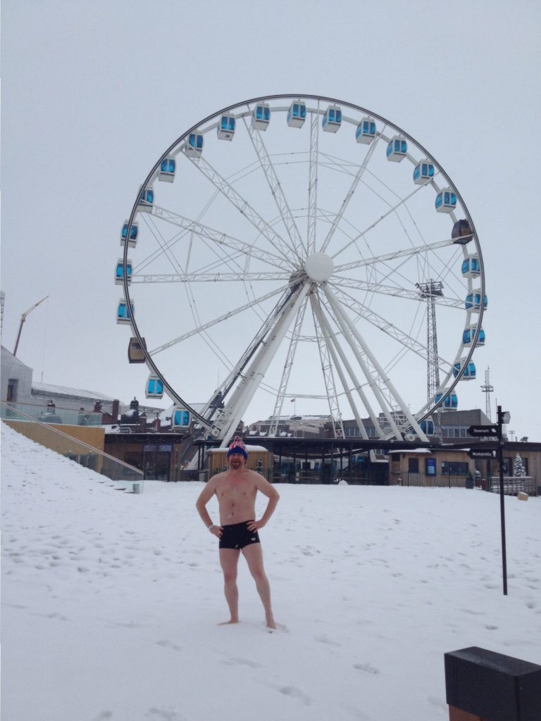 Just wearing swim trunks and a decent bobble hat in the snow