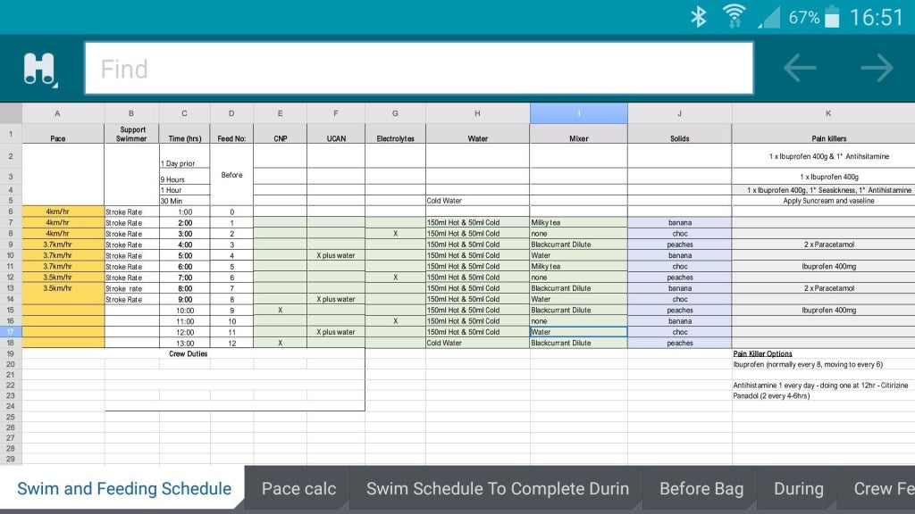 Nutrition plans for marathon swims spreadsheet