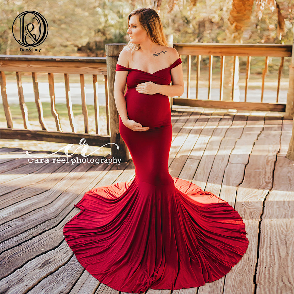 red off the shoulder maternity dress