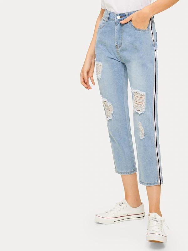 distressed jeans with side stripe