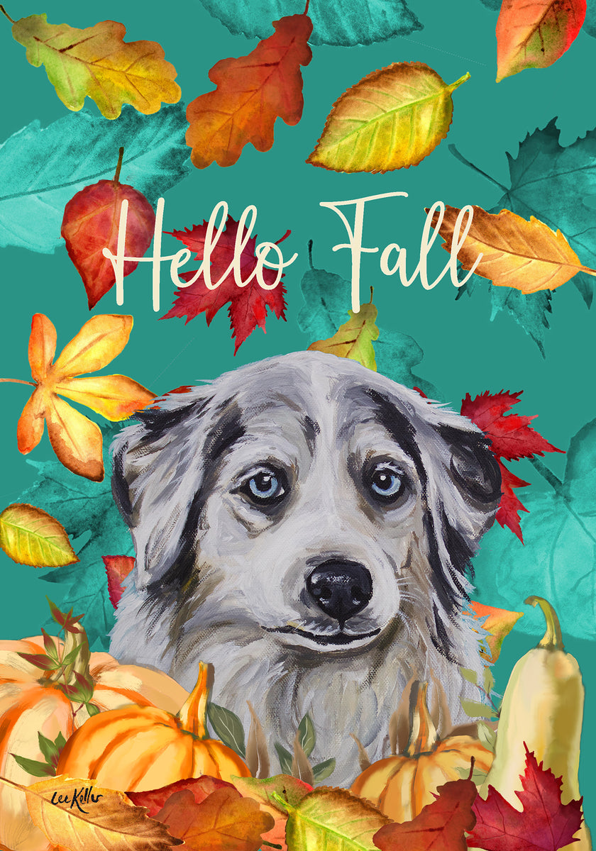 Australian Shepherd Hippie Hound Studios Fall Leaves House and Garde