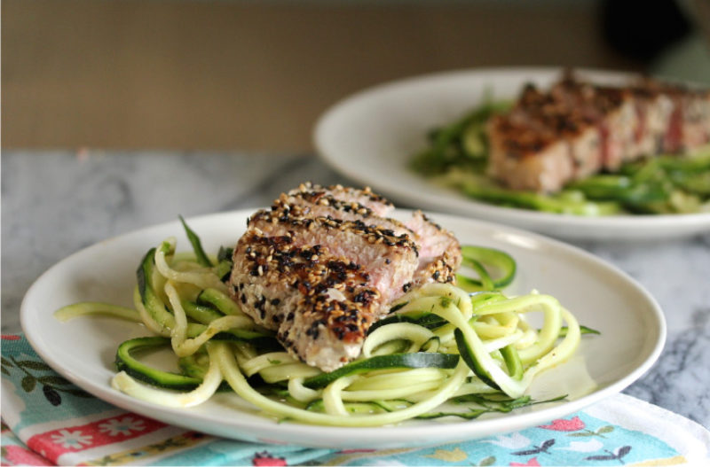 Spicy Sesame Tuna with Pineapple Mint Zoodles