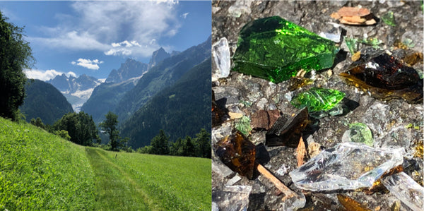 Two side-by-side, beautiful images. On left, a Swiss-mountain vista, and on the right, a close-up of crushed glass on the ground.