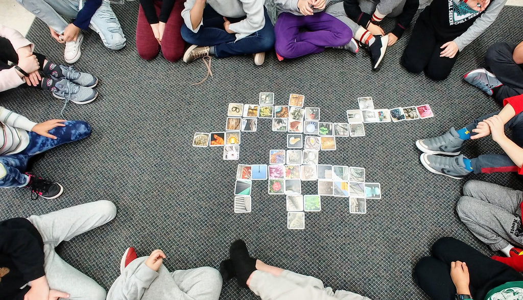 A board of OuiSi cards arranged like dominoes on a carpeted classroom floor. Approximately ten kids are sitting around the cards, participating.