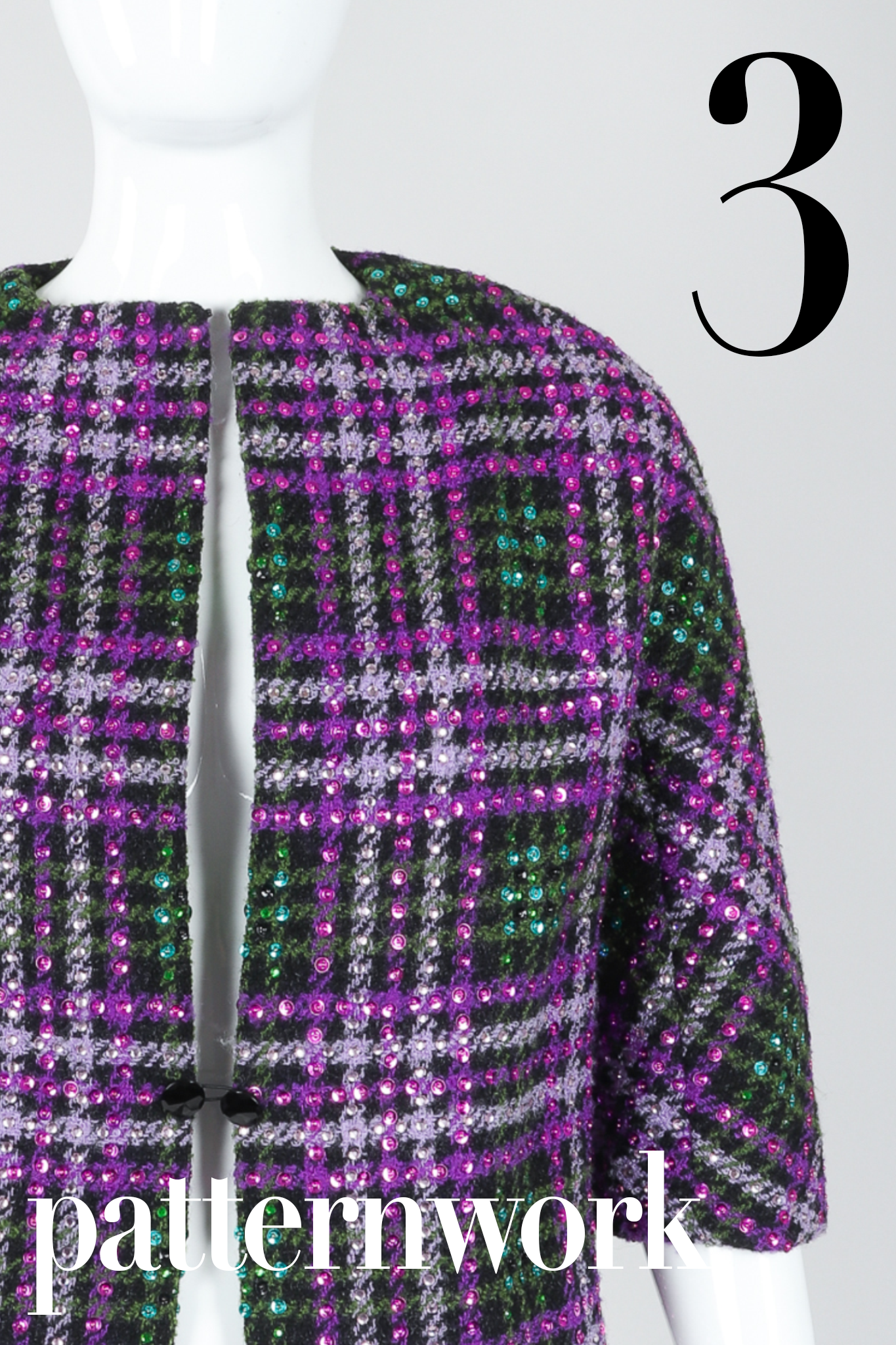 Recess DressCode 3. patternwork: vintage oleg cassini beaded plaid boxy jacket on mannequin