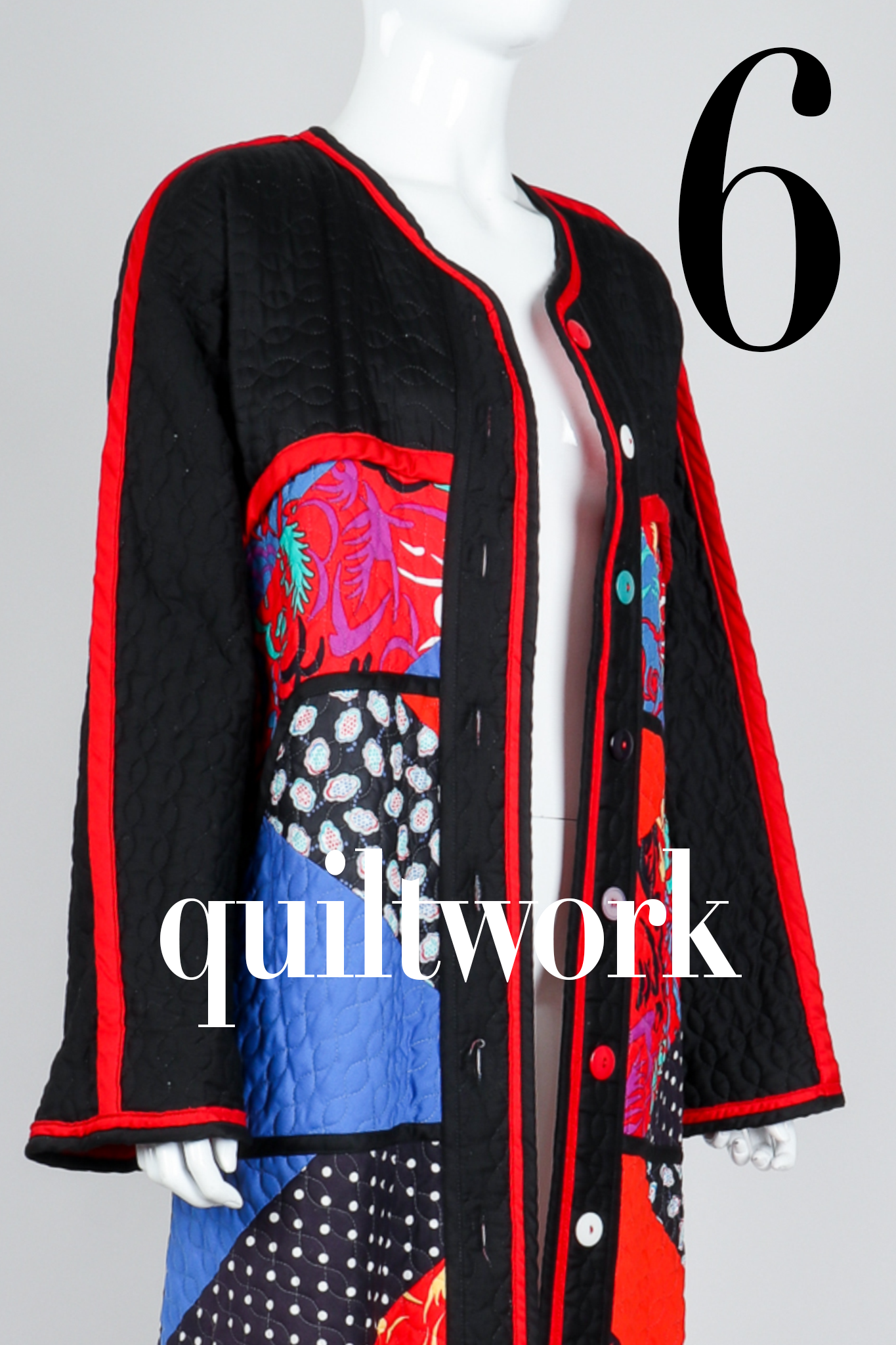 Recess DressCode 6. quiltwork: vintage jeanne marc quilted patchwork duster coat on mannequin