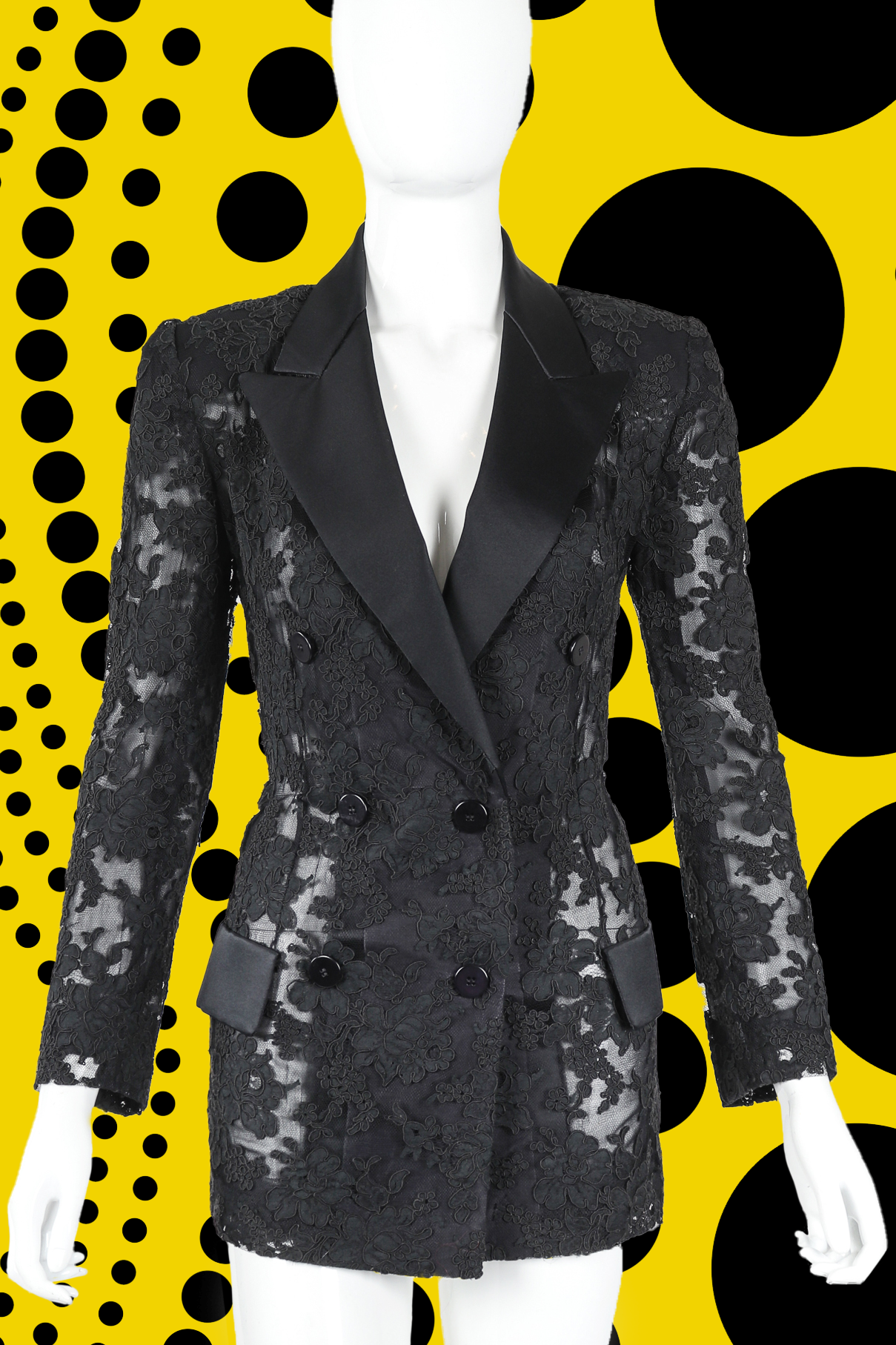 Recess Los Angeles Vintage Designer Consignment Halloween Black Goth lace Art Yayoi Kusama BILL BLASS tuxedo
