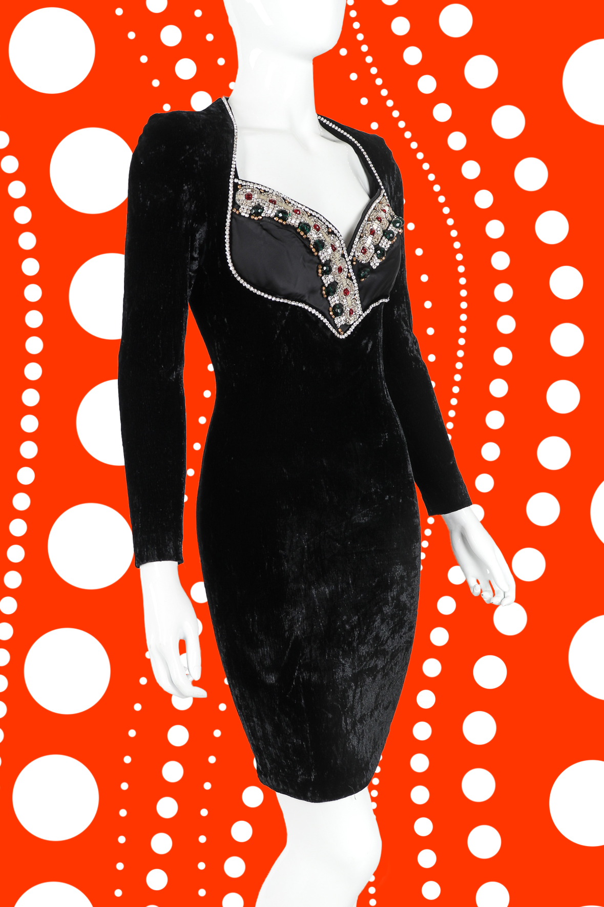 Recess Los Angeles Vintage Designer Consignment Halloween Black Goth lace Art Yayoi Kusama Maria Michele Jewel Bust Cocktail Dress