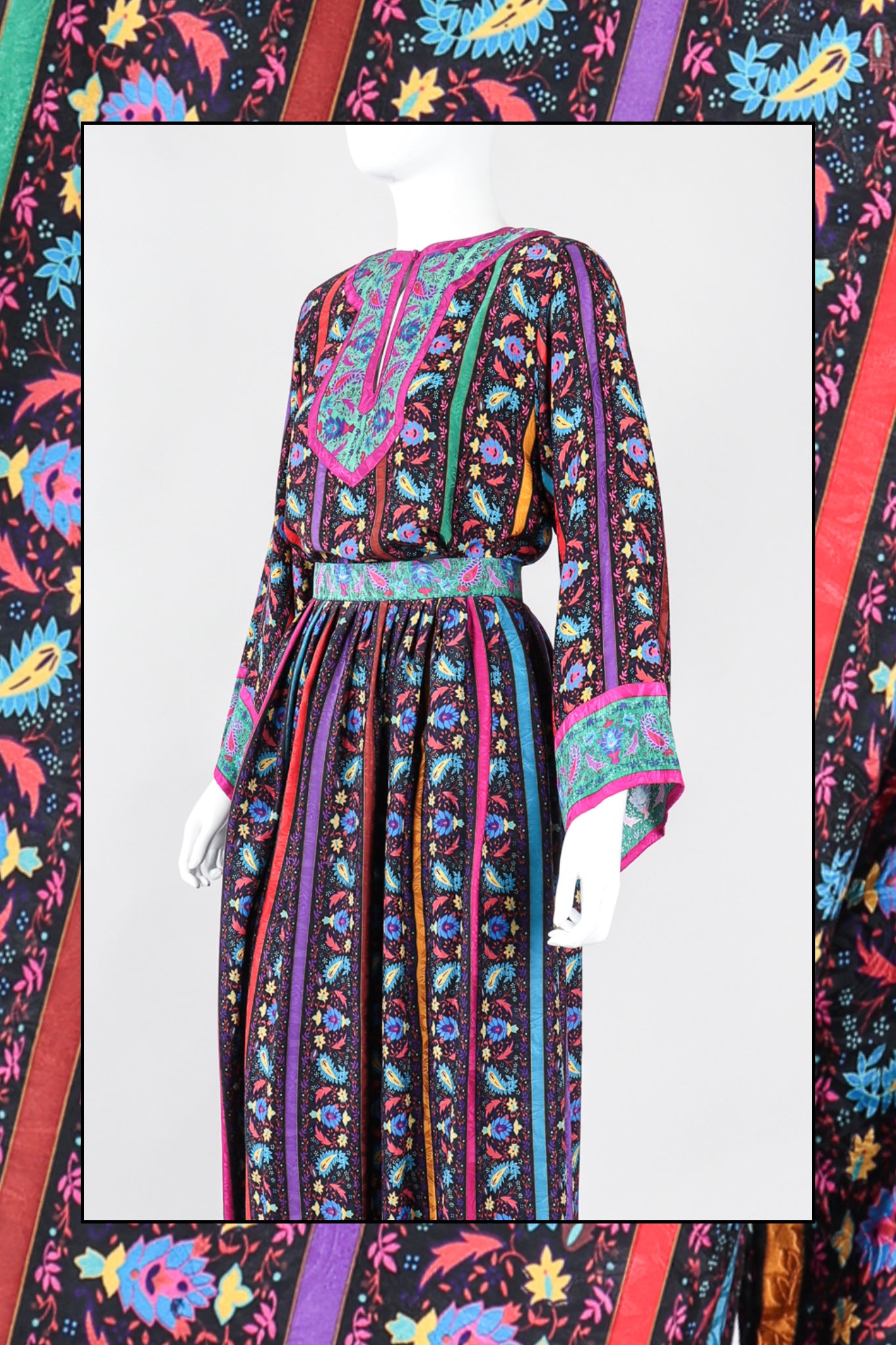 Recess Los Angeles Dress Code Vintage Designer Consignment Miss O Oscar de la Renta Peasant Boho Paisley Stripe Silk Top Skirt Set