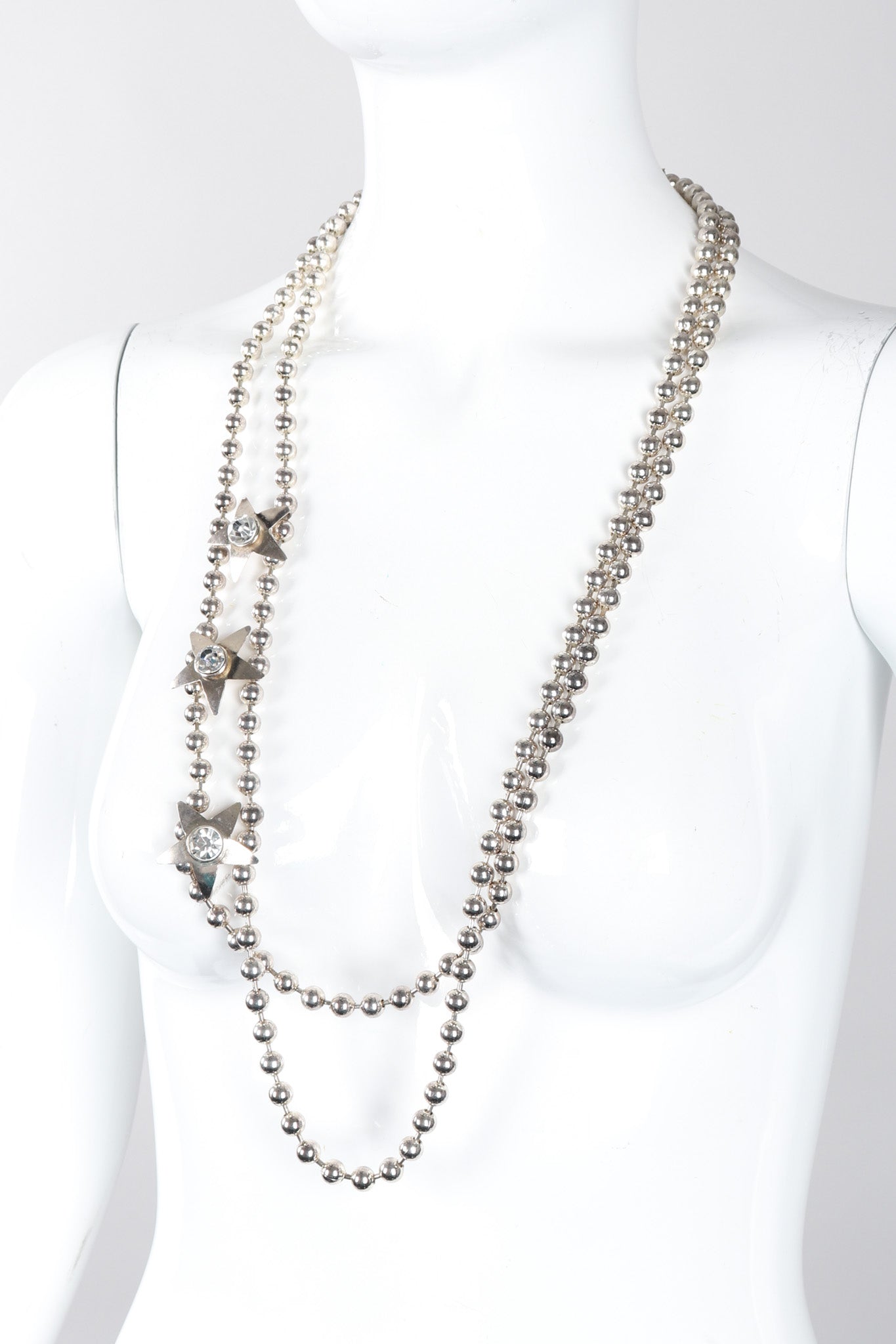 Vintage Double Strand Ball Chain Star Silver necklace Rhinestone