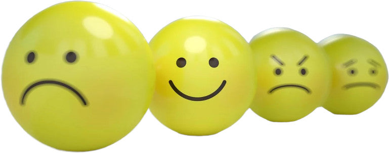 l'effet de l'argent sur les emotions, petites balles jaunes avec differents sourires