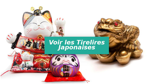 collection de tirelires japonaises chat japonais maneki-neko, daruma, et jin chan