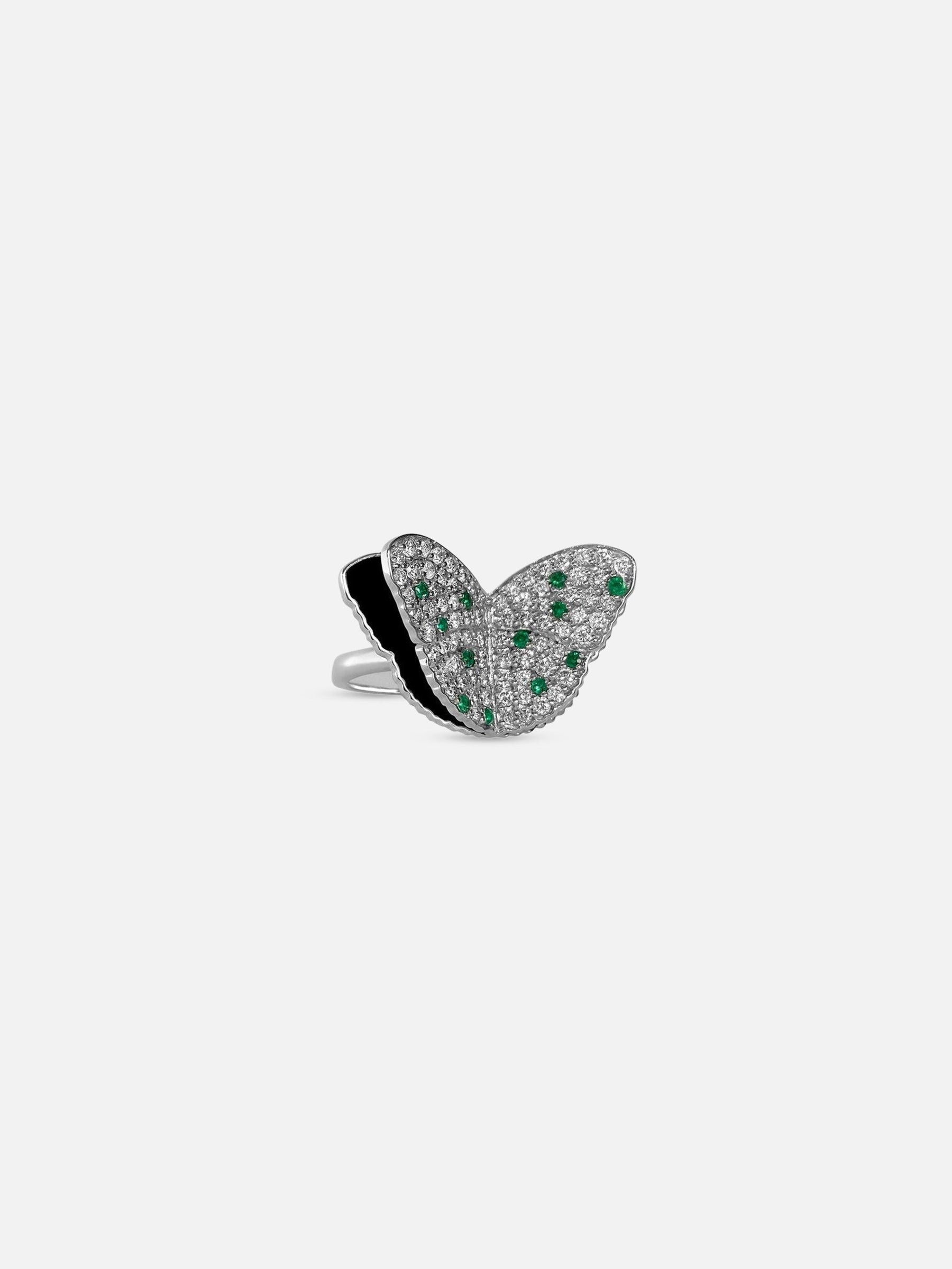 Ri Noor Diamond Emerald and Black and White enamel Butterfly Ring 3