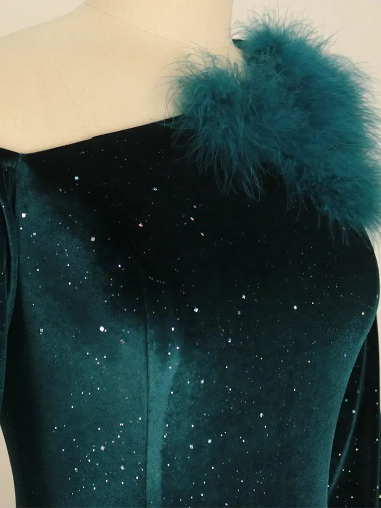 Empire Feather Sequin Evening Gown