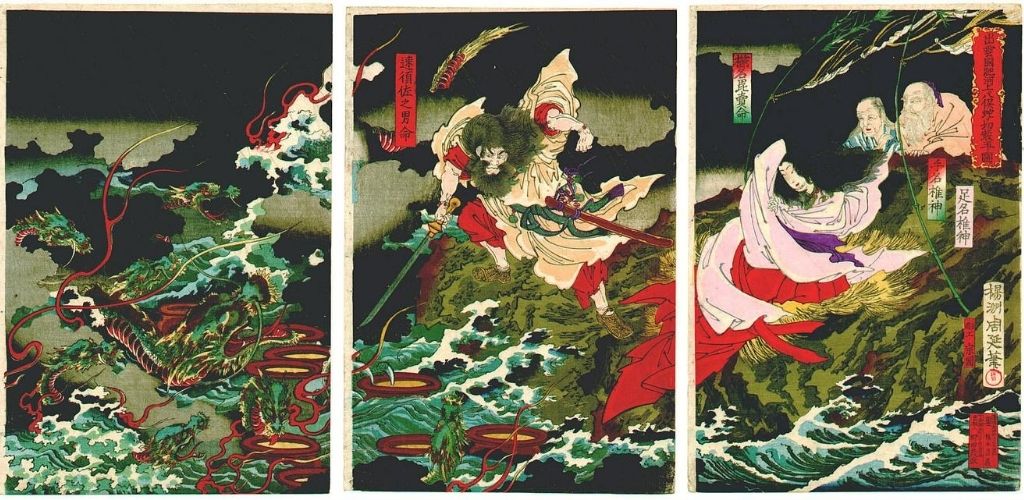 Illustration du combat entre Susanoo et Yamata-no-Orochi par Chikanobu Toyohara