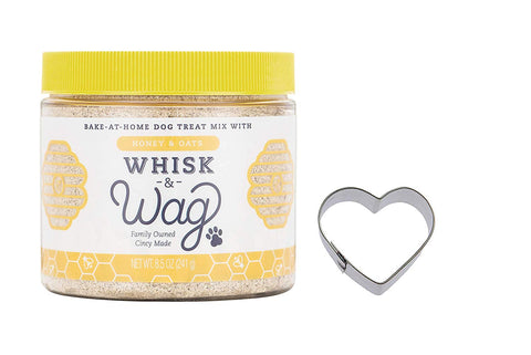 Includes 1 Jar of Whisk & Wag Honey & Oat Bake at Home Dog Treat Mix plus 1 heart shaped cookie cutter It's easy! Just add oil and water and follow simple instructions for fresh baked treats Makes over two dozen individual treats. Peel off the easy-remove label to re-use the durable jar. No wheat, corn, soy or preservatives this natural recipe is made in Ohio, USA with the best ingredients The whole family will love baking these homemade treats for the furriest member of the family