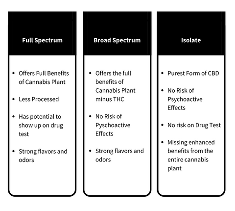 CBD broad spectrum, full spectrum, and isolate differences chart 