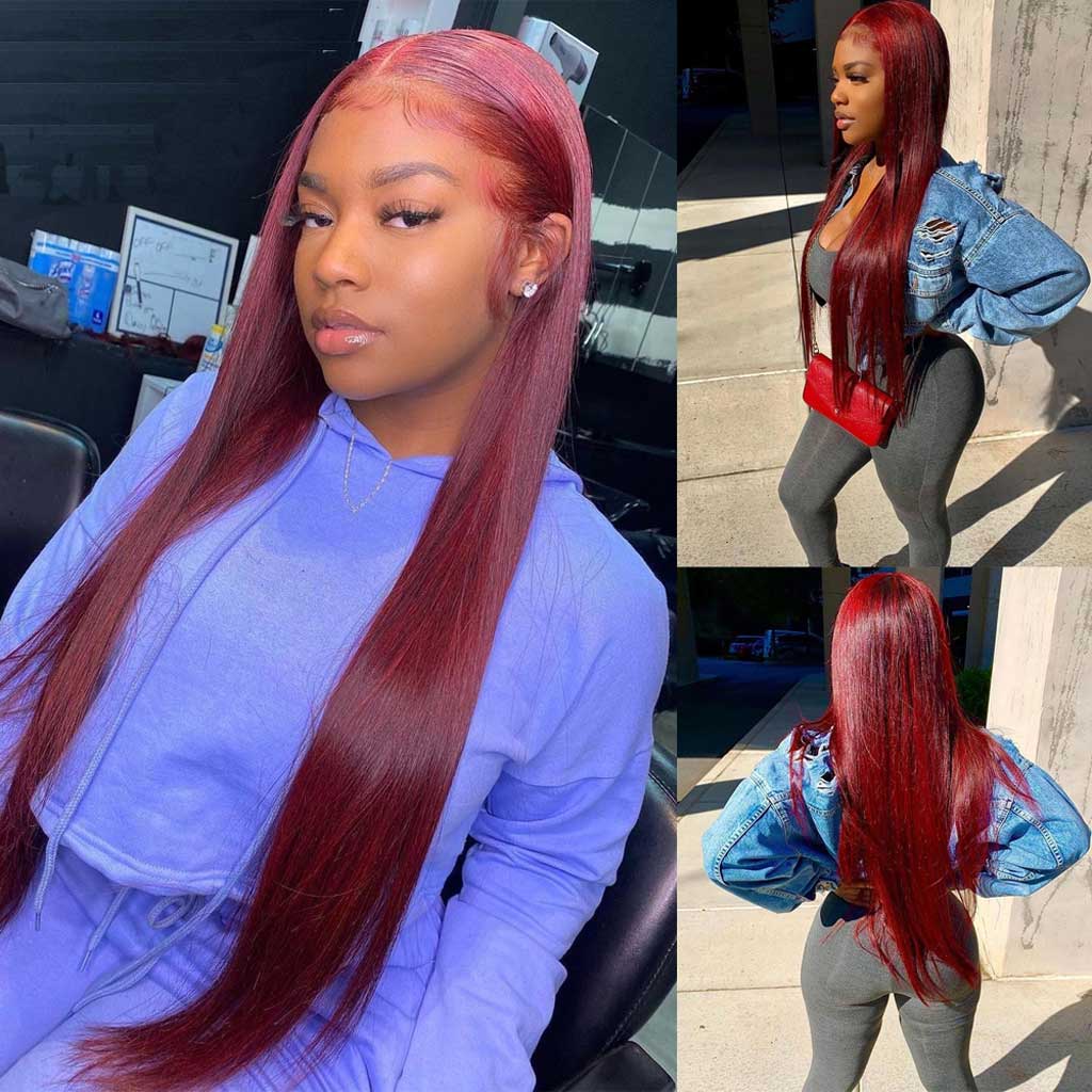 ULit Hair 99J Burgundy Color Straight Lace Frontal Wig For Black Women
