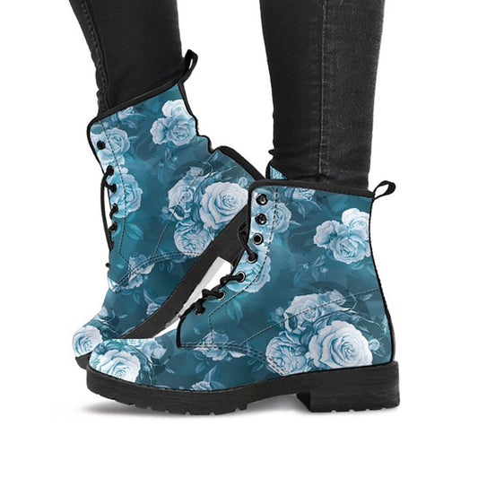 Blue Grey Roses Womens Boots, Fashion Combat Boots, Vegan Leather Boots, Custom Shoes, Custom Boots, Cool Shoes