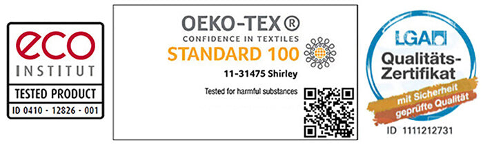 Certified by Oeko-Tex, eco-INSTITUT, and LGA