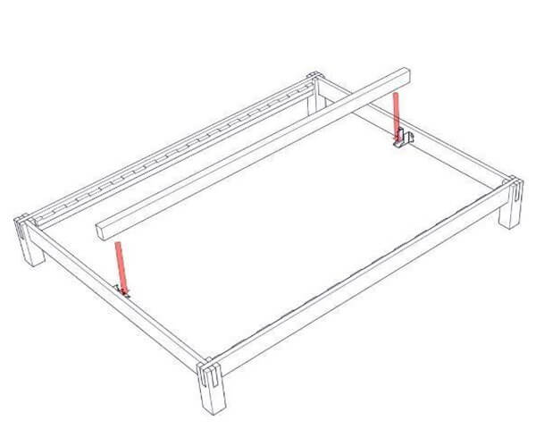 Slide down the center support beam into pre-installed brackets located on the footboard and headboard.