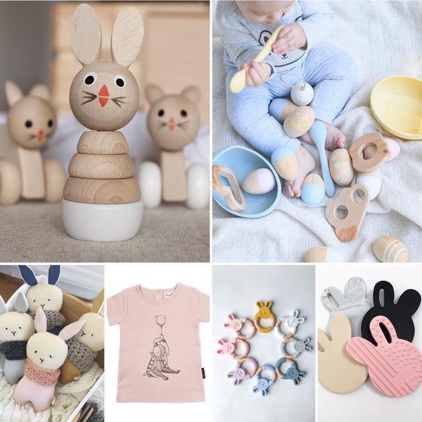selection of gifts teethers, clothes, kitchenware