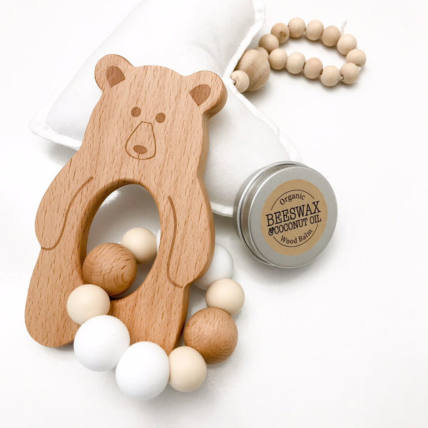 A One.Chew.Three bear-themed, baby teether.