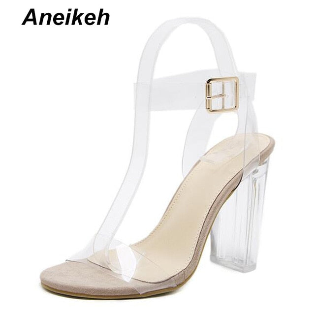 Womens Transparent Sandals Clear PVC High Heels Ankle Strappy Chunky Jelly
