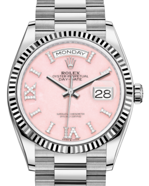 Rolex Day-Date 36 White Gold Pink Opal Diamond Dial & Fluted Bezel Pre – WATCH LAB