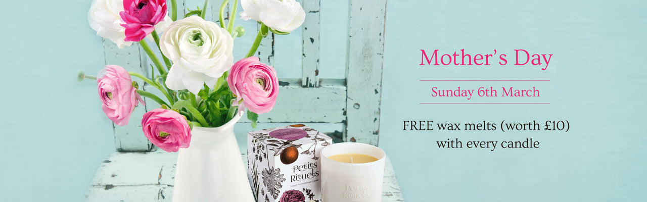 Get 2 Free wax melts with every Petits Rituels candle order for Mother's Day.