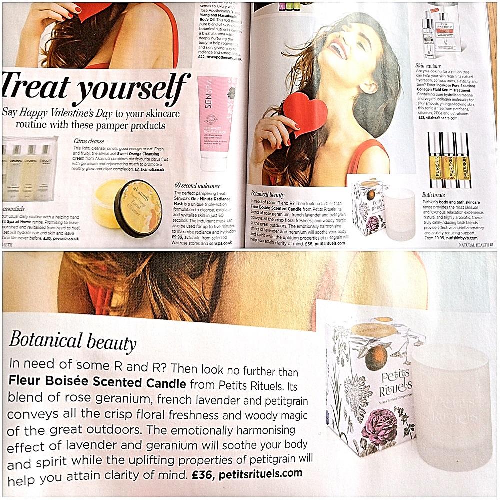 Features of Sensual Healing candle in Natural Health magazine.