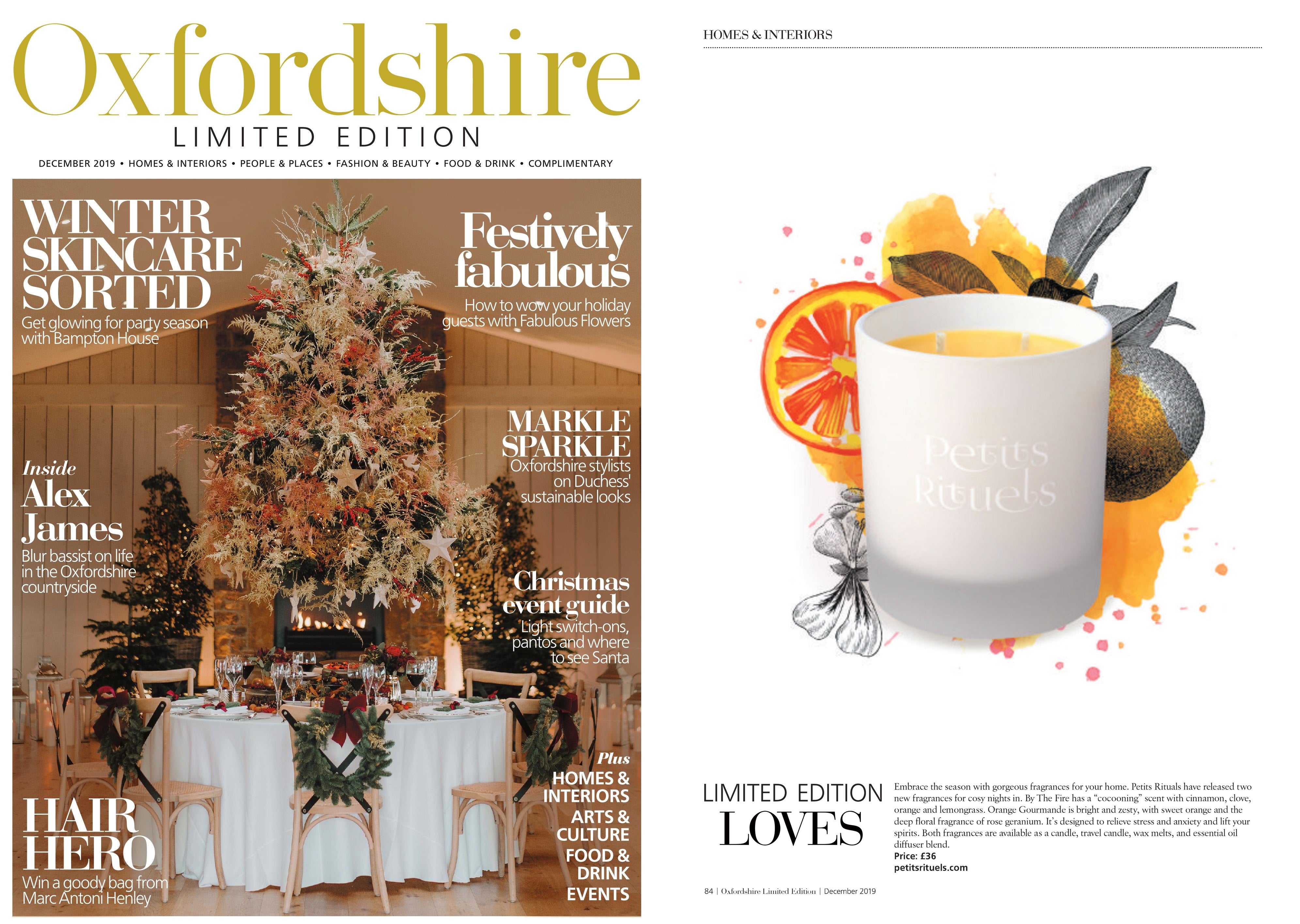 Oxfordshire Limited Edition December 2019 feature of Petits Rituels Orange Gourmande candle.