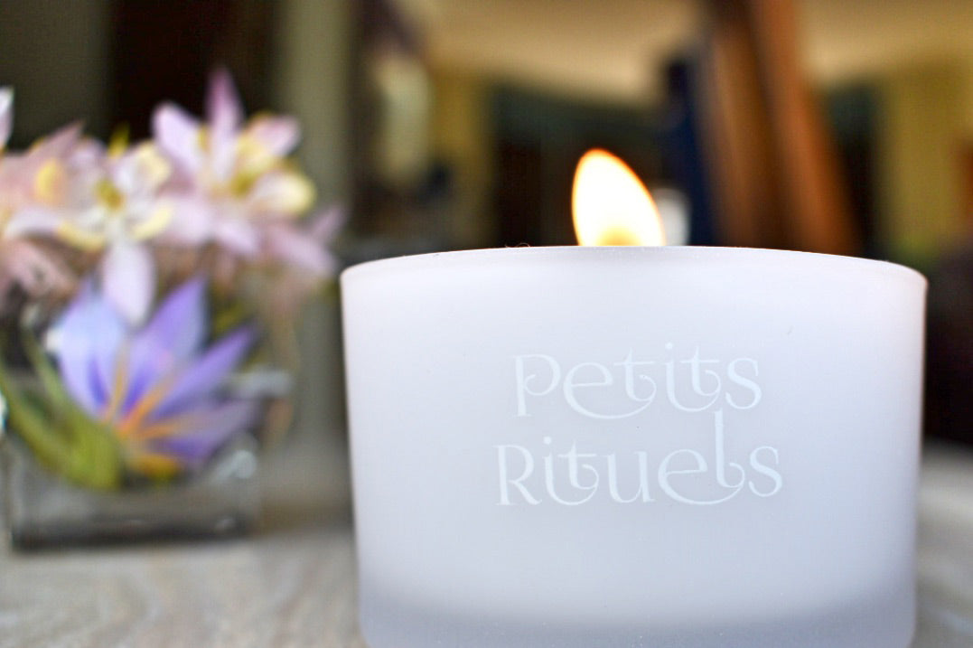 Petits Rituels candle burning in living room.