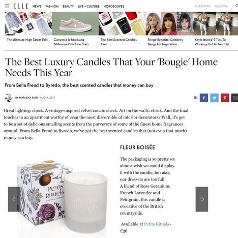 Elle magazine feature of Petits Rituels Fleur Boisee candle.