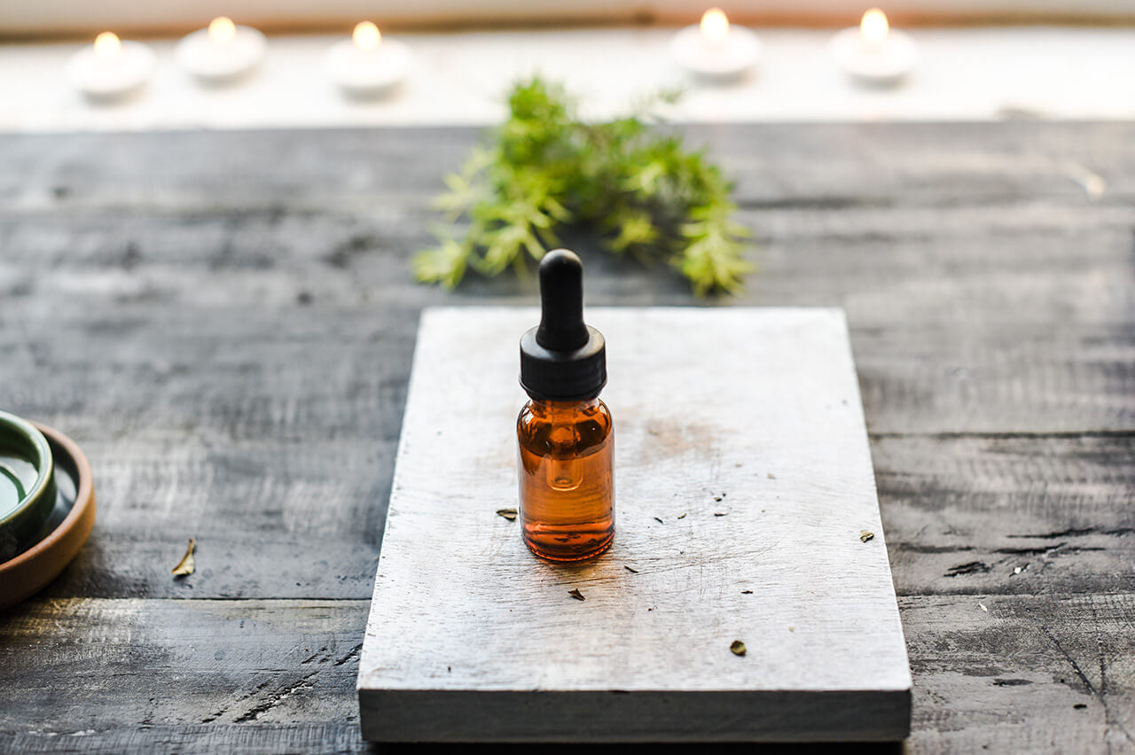 Essential oil brown bottle.