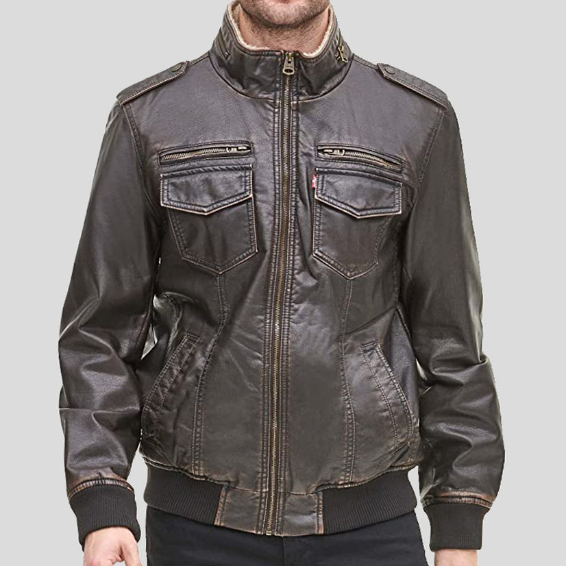 men's sherpa lined faux leather aviator bomber